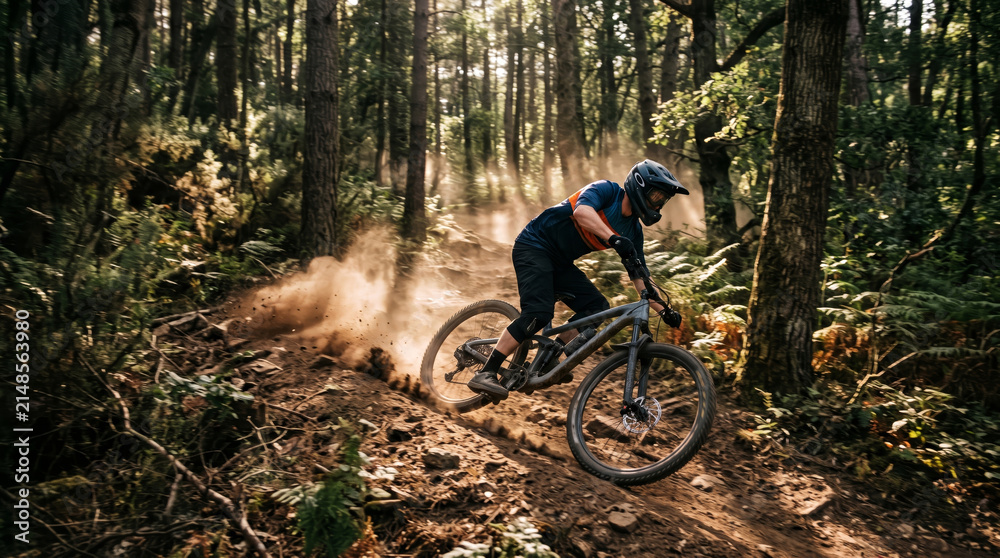 Fototapeta premium Mountain Biker Riding Forest Trail