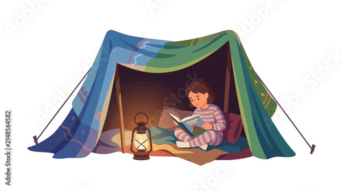 Child reading book inside blanket fort tent illuminated by lantern vector illustration