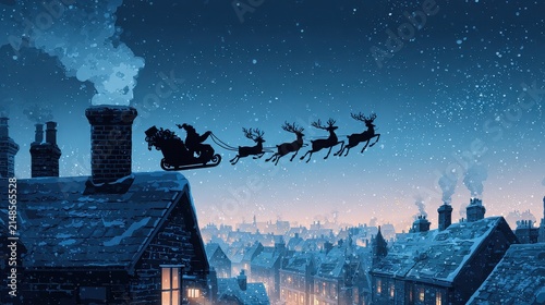 Silhouette of flying reindeer sleigh over snowy residential rooftops during winter night celebration