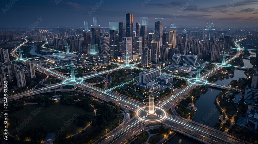 Fototapeta premium Smart city infrastructure with glowing digital network nodes and data connections over modern urban highway interchange at night