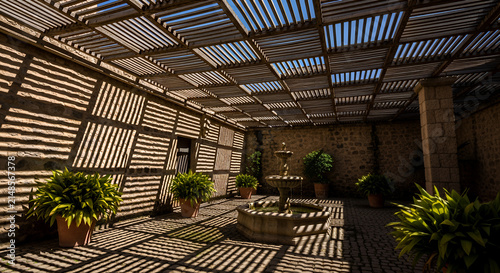 Modern indoor courtyard with potted plants and slatted ceiling shadows 