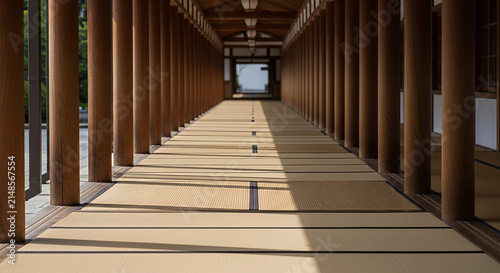 Traditional Japanese covered walkway with tatami flooring 
