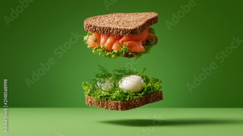 A fresh, healthy sandwich with smoked salmon, lettuce, dill, and a boiled egg, appearing to float against a green background.