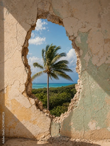 Surreal architectural hole in weathered plaster wall revealing a tropical palm tree ocean vista with harsh sunlight shadows for modern travel agency branding