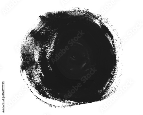 Black and white Grunge grain Acrylic smear stain brush stroke painting blot circle frame isolated. Abstract contrast poster background.