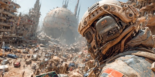 Futuristic armored soldier overlooking a crowded postapocalyptic city with advanced technology and urban devastation