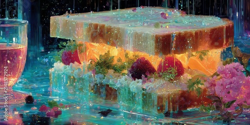 Elegant translucent dessert display with glowing jelly layers, fresh berries and flowers in a luxurious artistic composition