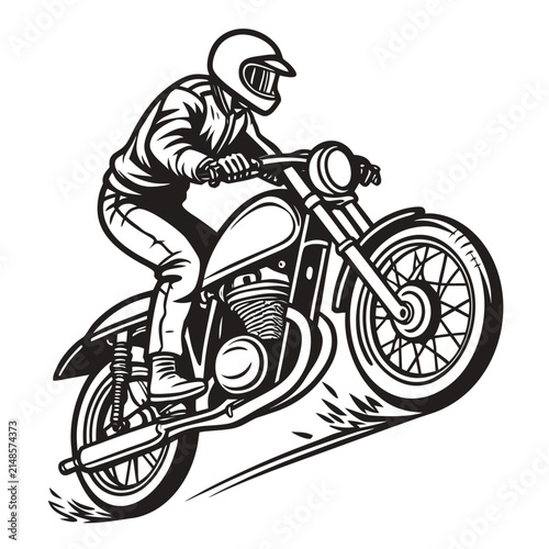 Fotografie Motorcyclist riding vintage motorcycle performing wheelie stunt black