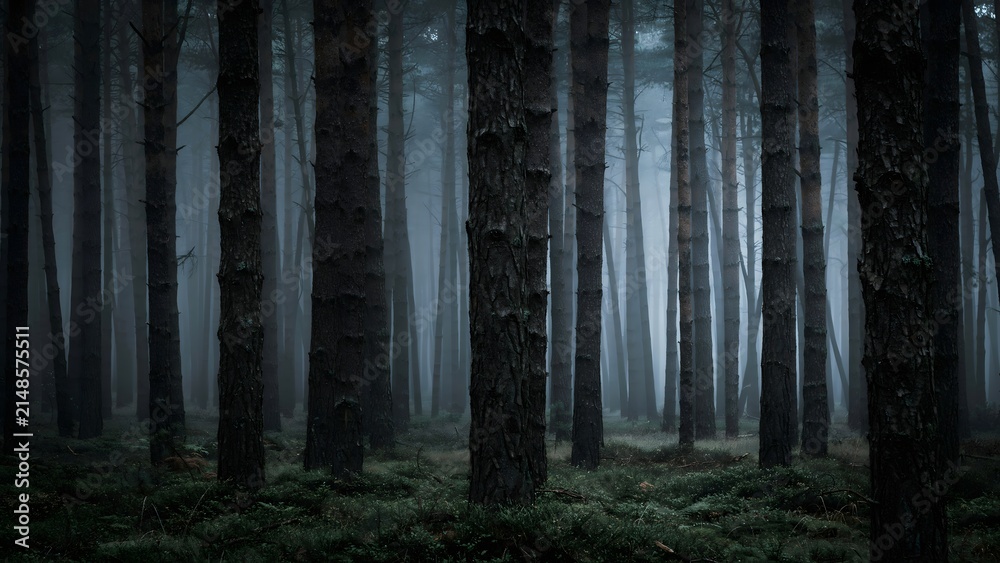 Obraz premium Misty forest with tall trees and dense fog