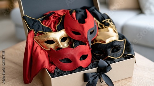 Colorful assortment of decorative masks in a gift box, featuring red, black, and gold designs, placed on a wooden table in a cozy indoor setting