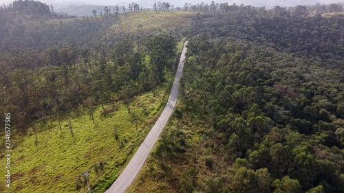 Aerial Drone Shot of a Road crossing a forest at Daytime