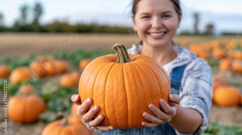 Young woman in denim overalls holds a large orange pumpkin in a pumpkin patch, with numerous pumpkins scattered across the field in the background