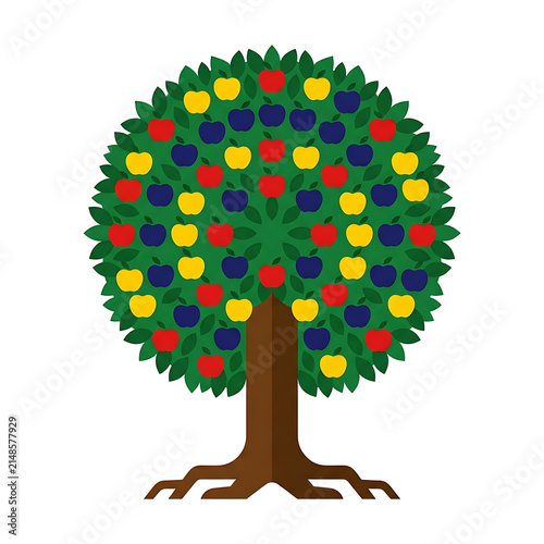 Colorful autumn tree with falling leaves on ground isolated on transparent background
