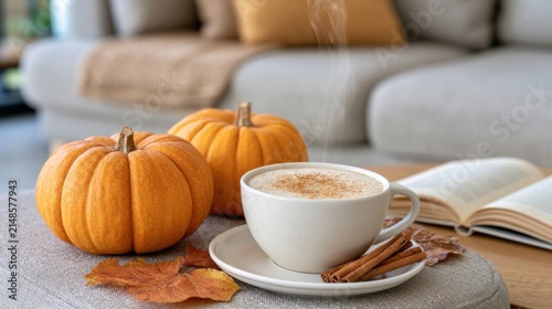 Warm cup of spiced latte with cinnamon sticks beside two pumpkins on a cozy table, autumn leaves scattered, and a book partially visible in a modern living room setting