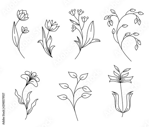 Minimalist botanical line art vector logo bundle. Elegant floral branch and flower outline collection for beauty salon, spa, natural organic cosmetics branding, modern aesthetic design, or tattoo.