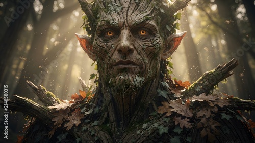 Fantasy portrait of a treant or an oak forest guardian within a dense sun-dappled woodland illuminated by golden sunlight, the  tree-like creature is partially fused with the surrounding forest