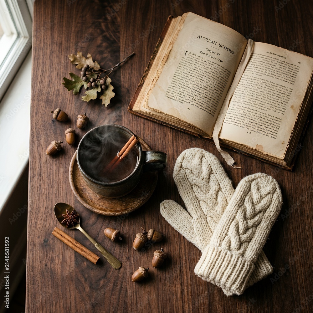 Fototapeta premium Open book and knit mittens with warm autumn drink.