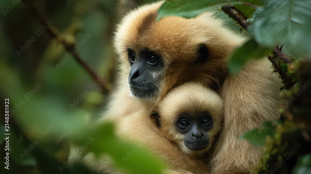 Fototapeta premium Mother and baby gibbon primates nestled closely in lush green jungle foliage with soft natural light