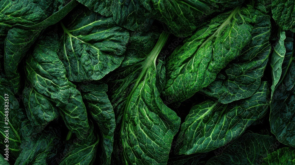 Obraz premium Fresh spinach leaves with deep green texture in dramatic studio lighting for healthy food concepts
