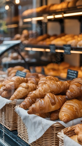 Cruasanes recién horneados en cestas de mimbre en el mostrador de una panadería artesanal