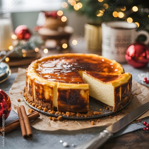 Tarta de queso vasca horneada con una porción cortada en mesa decorada con adornos navideños y luces bokeh