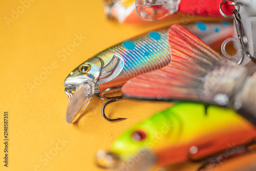 Quadro su tela Extreme close up of a holographic fishing lure with blue spots The Concept of re