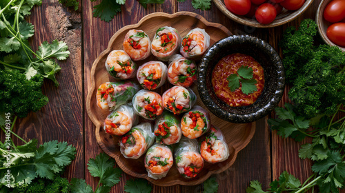 Vietnamese rice paper summer rolls, arranged on a scalloped edge wooden plate on a rustic dark-wood table,