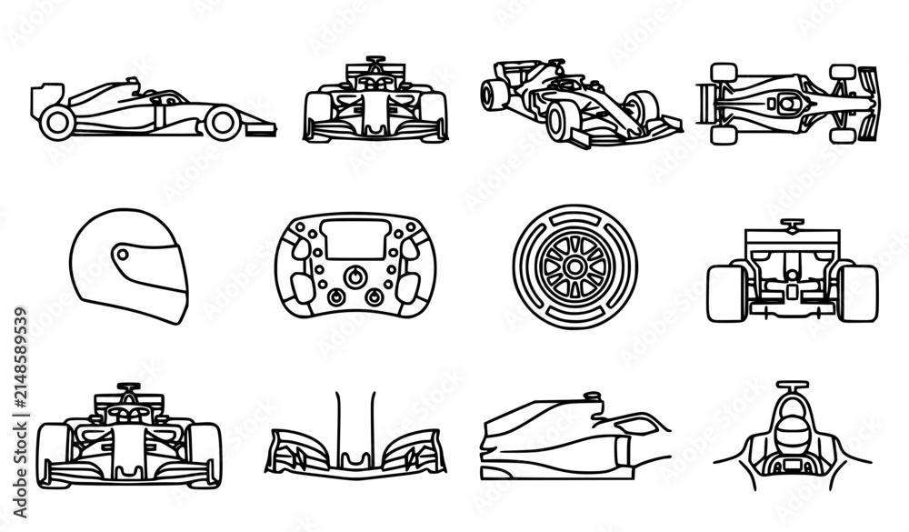 Naklejka premium Minimal Formula 1 Racing Car Outline Vector Icon Set