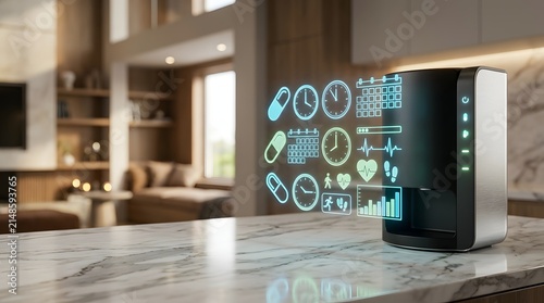 Smart medical dispenser projects holographic health management icons on a marble surface.