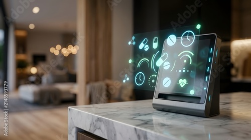 Digital health monitor displays medical pill icons and biometric data in a home setting.