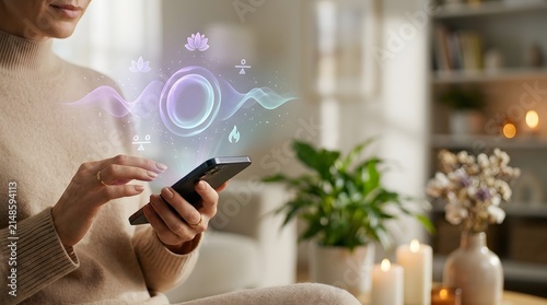 Person navigates a holographic wellness interface on their smartphone in a cozy home setting.