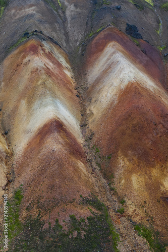 Aerial view of the colorful rhyolite mountains of Landmannalaugar with volcanic slopes, mineral-rich soil, and patches of green moss in Hella, Rangarthing ytra, Iceland.