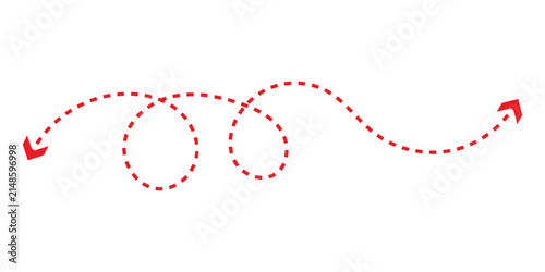 Red dashed arrow line with loops showing a winding path movement