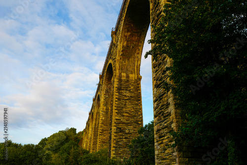 The historic Moorswater Viaduct near Liskeard, Cornwall, spans a deep valley with eight striking semi-circular arches built from snecked rock-faced slatestone and granite. 
