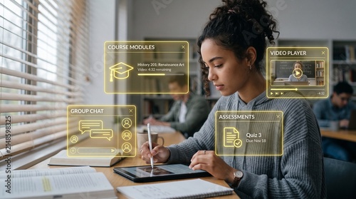 Ai online learning platform for digital education, student using tablet at home, intelligent elearning system with course assessment analytics certification and training for skill development