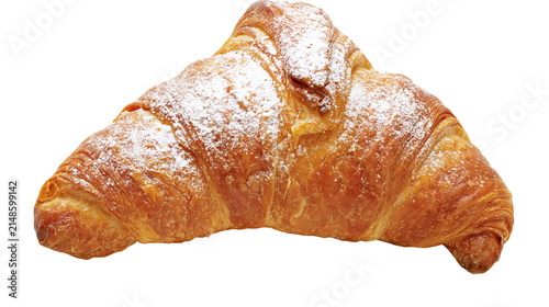 Photography Golden brown flaky croissant dusted with powdered sugar, isolated on transparent