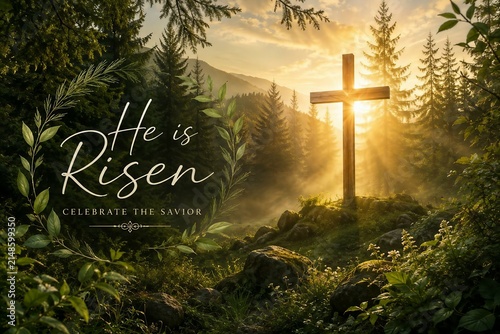 He Is Risen Cross at Sunrise in Peaceful Forest – Inspirational Easter Christian Banner