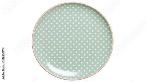 Foto Round mint green ceramic plate with white polka dots, isolated on transparent ba