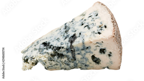 Quadro su tela Wedge of blue cheese with visible mold veins, isolated on transparent background