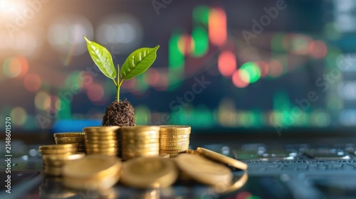 Small green plant seedling growing from a stack of golden coins
