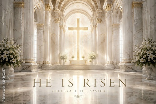He Is Risen – Glowing Cross in Majestic White Marble Church | Elegant Easter Resurrection Background