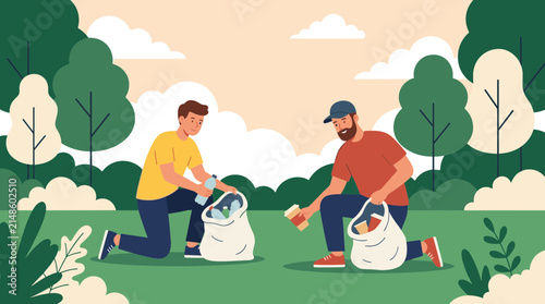 Volunteers cleaning up plastic waste in public park for World Cleanup Day