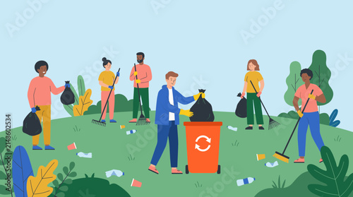Diverse group of people cleaning up park on World Cleanup Day