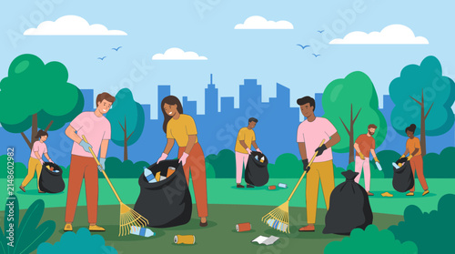 Diverse Volunteers Cleaning Up City Park for World Cleanup Day Illustration