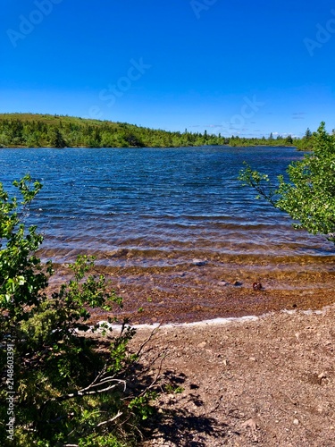 Scenic view of clear blue mountain lake and green forest landscape Sälen city Sweden.
