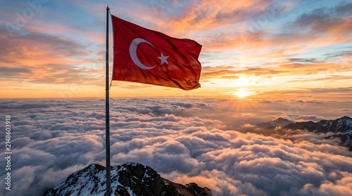 A large Turkish flag proudly waving high above the clouds during a stunning sunrise, vibrant orange and pink sky, soft morning light, cinematic aerial perspective, photorealistic, ultra-detailed, 