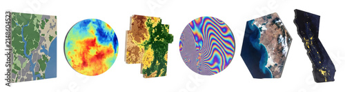 Collection of six different 3D map visualizations showing various geographical data, including satellite imagery, thermal imaging, land use, and night lights in a conceptual set