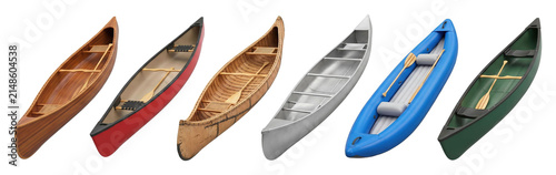 Six different types of canoes including wooden, aluminum, and inflatable models are arranged in a row with paddles, showcasing a variety of watercraft for outdoor recreation