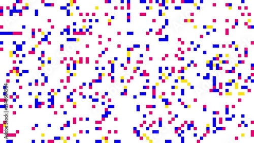 Abstract motion graphics loop of small square pixels appearing at random across a white grid in blue, pink, yellow and green, forming shifting mosaic patterns.