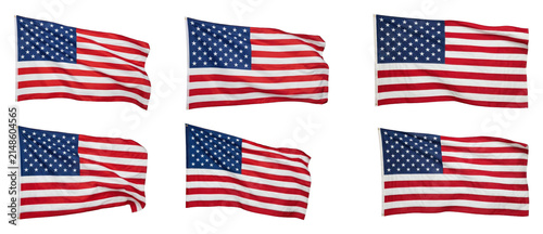 Collection of six American national flags waving gently in the wind, showcasing the iconic stars and stripes design as a powerful symbol of patriotism, freedom, and liberty